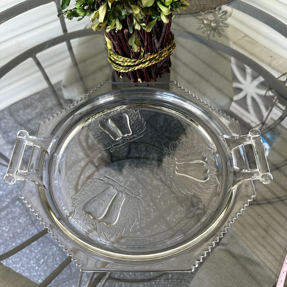 Jeanette BALTIMORE PEAR leaf design CLEAR glass Handled Cake Platter Vintage